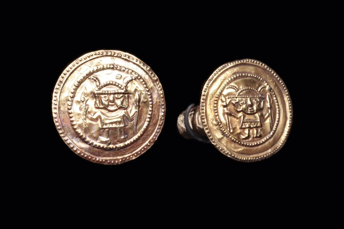 Sican Lambayeque Ear Ornaments with Naylamp, Pair (1 of 8)