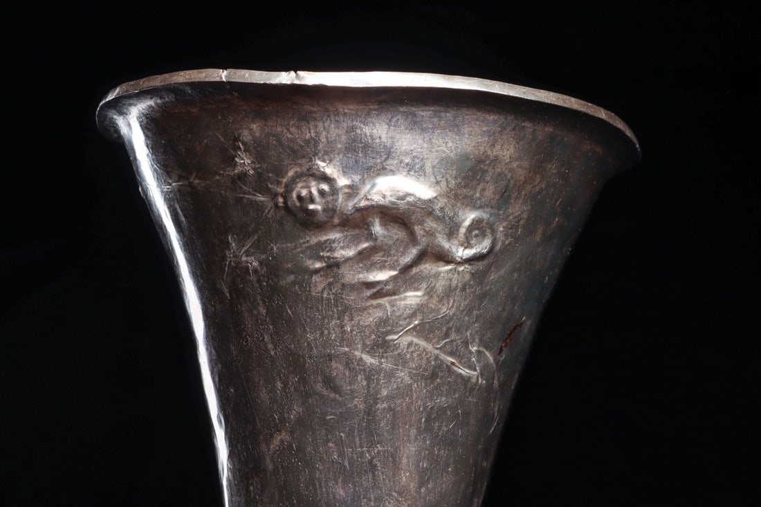 Sican Lambayeque Silver Beaker, Repousse Monkey - 3