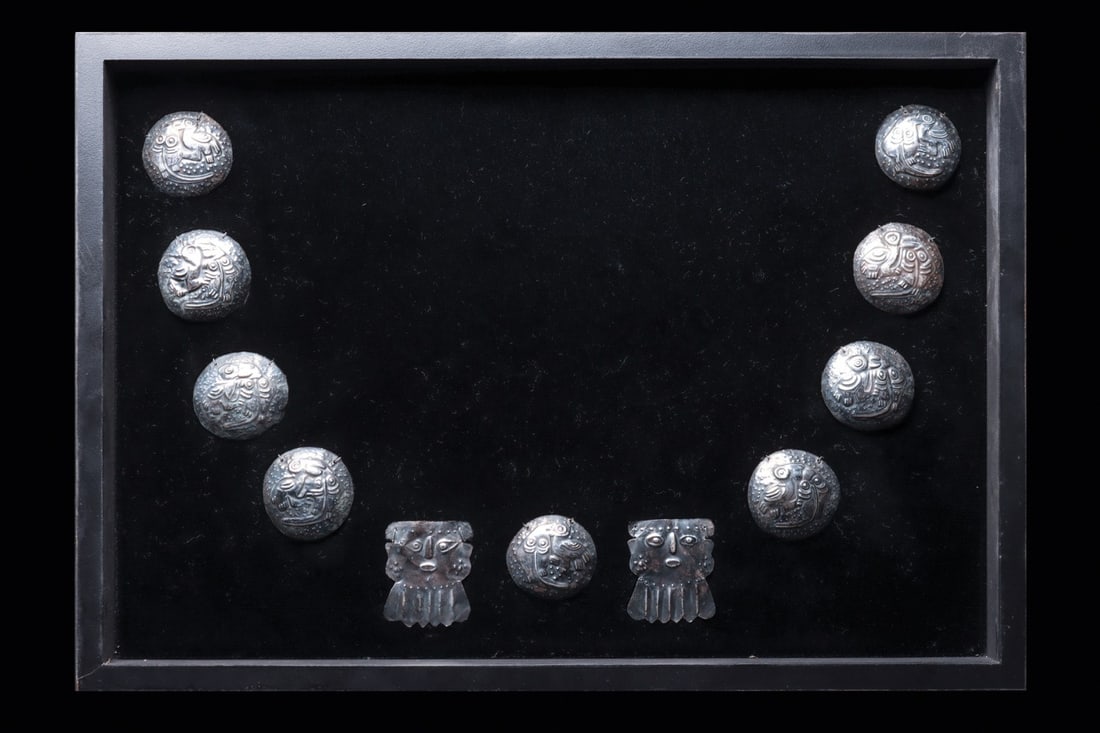 Lambayeque Sican Silver Pectoral Components, Seabird and Ray Roundels with Face Plaques (1 of 4)