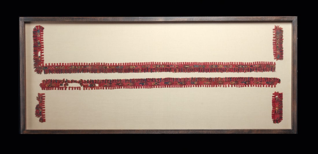 Paracas Textile Mantle Border with Hummingbirds, Framed, Ca. 300-100 BCE: Pre-Columbian, Peru, South Coast, Paracas, ca. 300–100 BCE. A processional flight of hummingbirds runs the length of this alpaca mantle border, worked in the single-needle cross-knit loop stitch