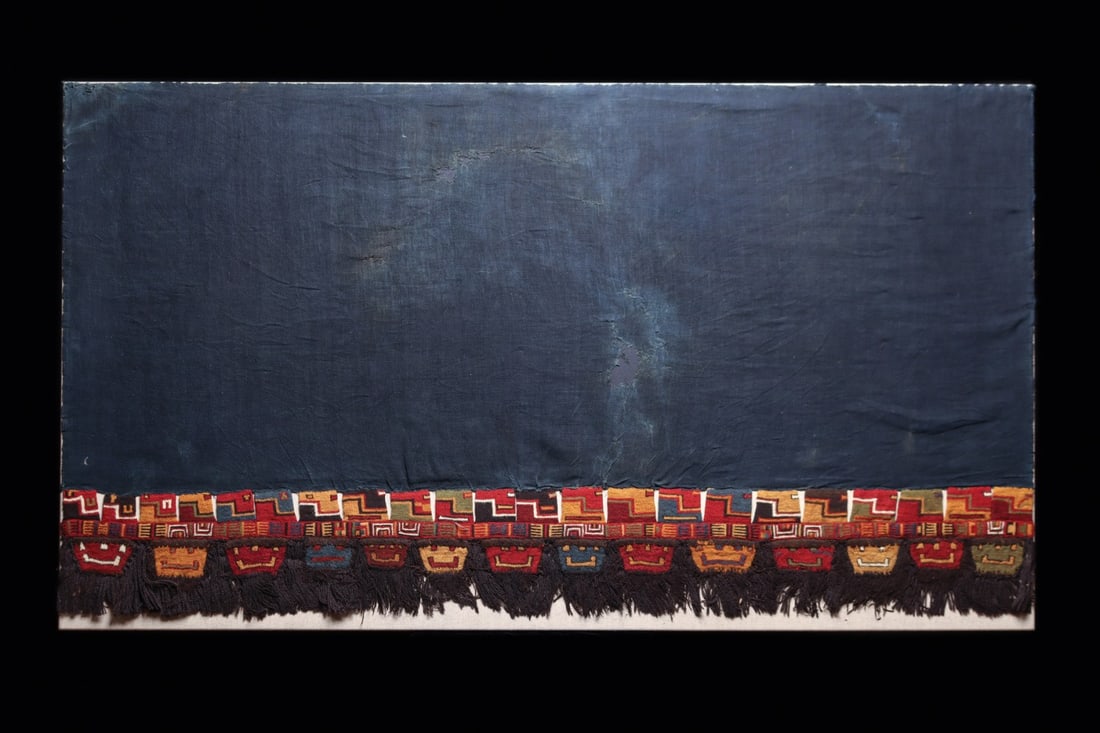 Proto-Nazca Indigo Textile Panel with Munecas Head Fringe Border (1 of 6)
