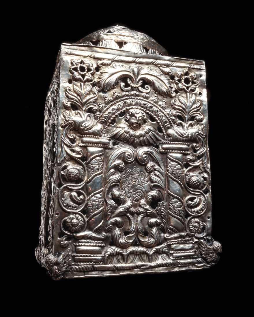 Spanish Colonial Silver Farol Processional Lantern with Cherubim, 18th C.: South America, Bolivia, Spanish Colonial, ca. 1700–1799 CE. A large ecclesiastical farol, its four sheet-silver walls worked in high repousse and finished with chasing and pierced openwork so ca