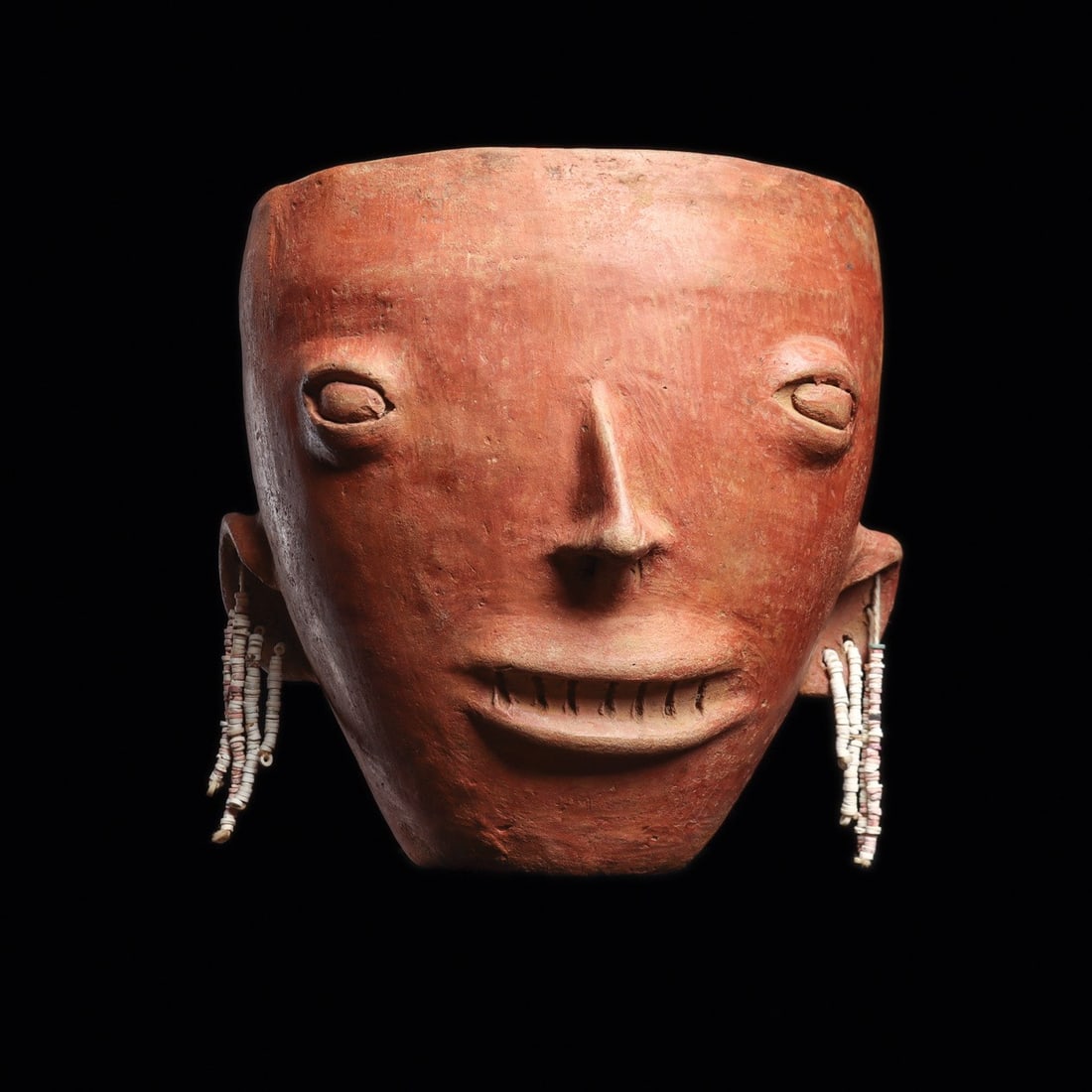 Mississippian Portrait Head Vessel with Shell Bead Ear Ornaments (1 of 4)