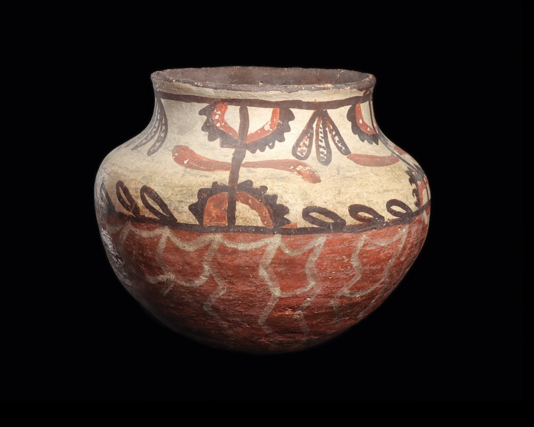 Santa Ana Polychrome Olla with Floral Motifs, 19th C. (1 of 4)