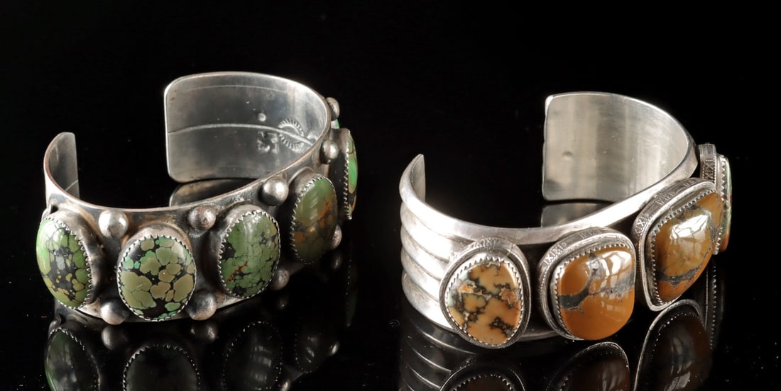 Pair Navajo Silver Turquoise Cuff Bracelets (Victor Hicks) (1 of 3)