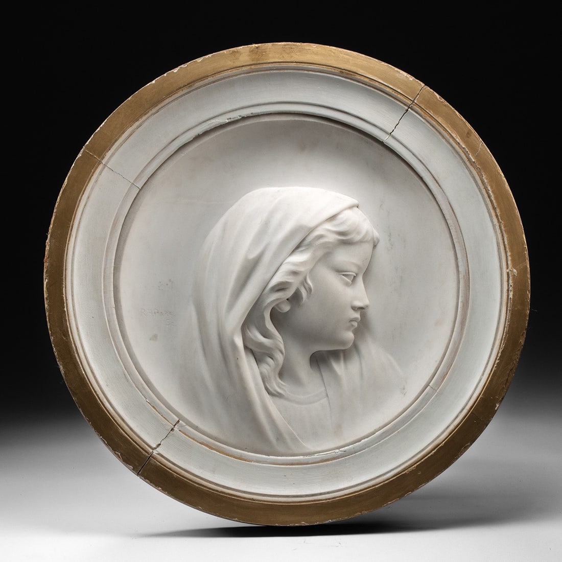 R.H. Park Marble Relief Tondo, Neoclassical Veiled Bust: North America, United States, ca. 1860–1890 CE. Carved white marble relief tondo, signed "R.H. Park / Sc." at lower left. A circular relief carved with the bust-length profile of a young woman f