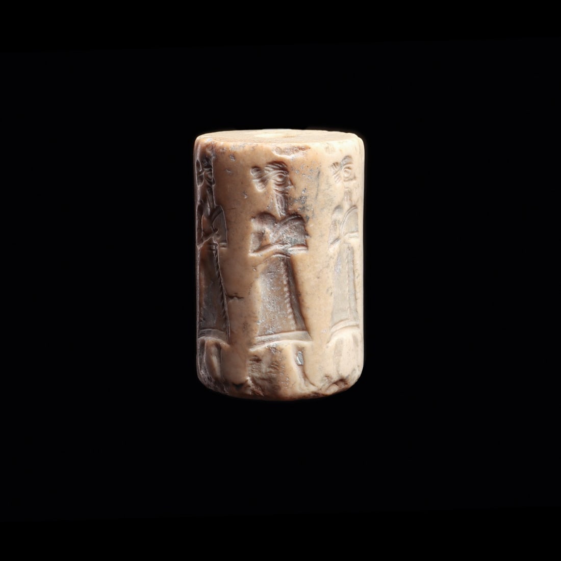 Akkadian Marble Cylinder Seal with Procession of Six Bearded Figures: Near East, Mesopotamia, Akkadian, ca. 2350–2150 BCE. A white marble cylinder carved in intaglio so that a single roll across damp clay unfurls a procession of six bearded men, each in a knee-len