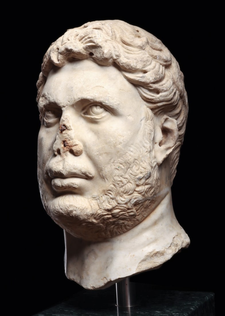 Roman Marble Over-Life-Size Portrait Head of an Imperator, 2nd-3rd C.: Roman, Imperial period, Eastern Mediterranean, ca. 100–300 CE. A over-life-size head carved in white marble, the sitter presented as a commander: brow furrowed, gaze lifted and turned to his lef