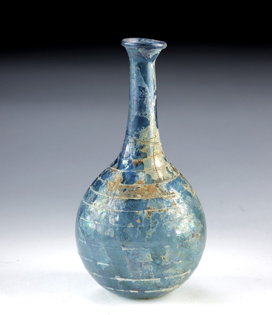 Roman Cobalt Blue Glass Bottle, Spiral Thread Decoration (1 of 5)