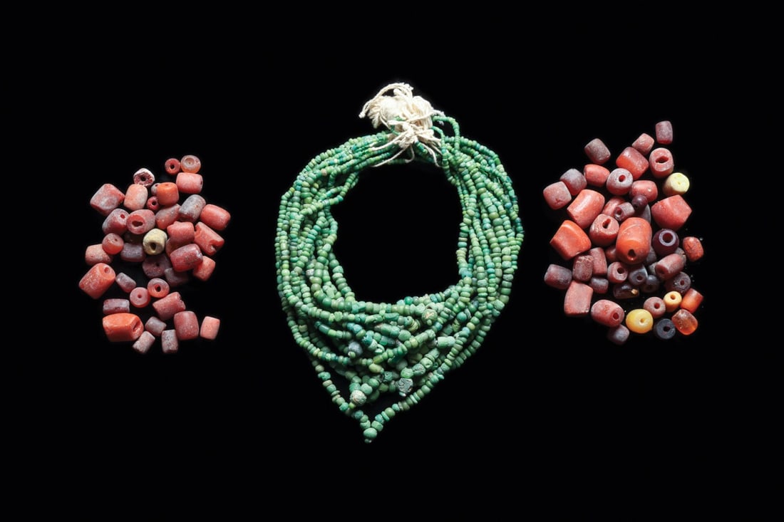 Roman Green Glass Bead Strands with Amber or Resin Beads, 1st-2nd C. (1 of 4)