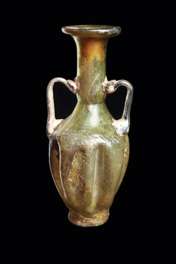 Roman Yellow-Green Glass Amphoriskos with Blue-Green Handles, 1st-3rd C. CE (1 of 4)
