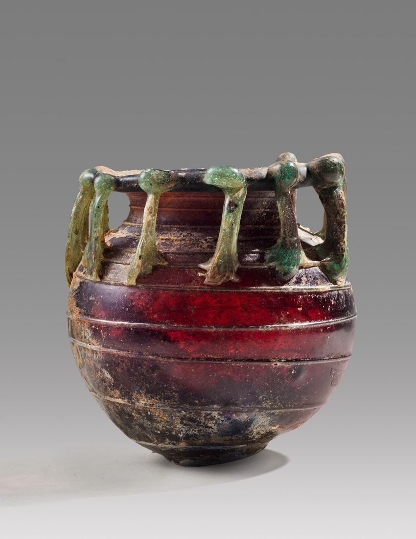 Roman Glass Basket Jar - Green Handles, Purple Body (1 of 3)