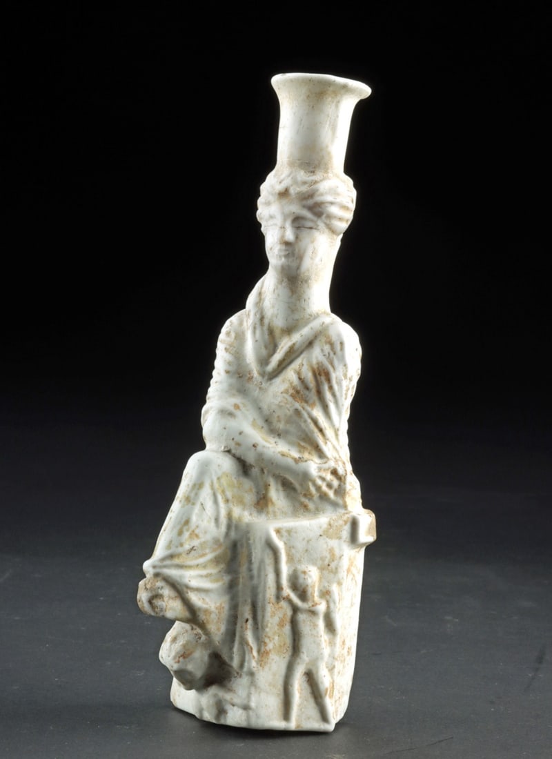 2nd-3rd C. Roman Opaque White Glass Tyche Flask - Enthroned Goddess with Eros (1 of 4)