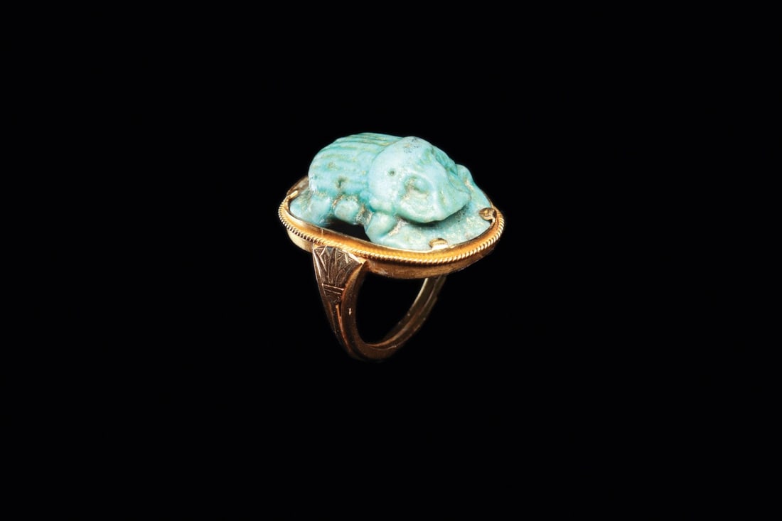 Egyptian Faience Button Scarab in 1920s Lotus Ring (1 of 5)