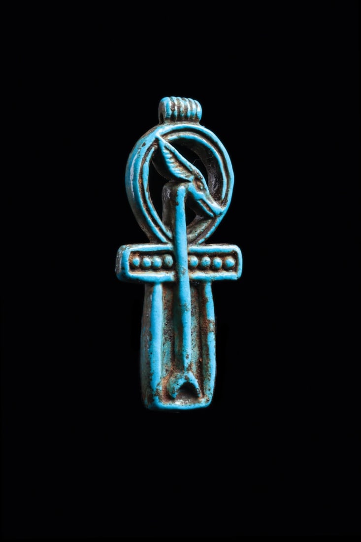 Egyptian Blue Faience Ankh Amulet with Was Scepter, New Kingdom (1 of 4)