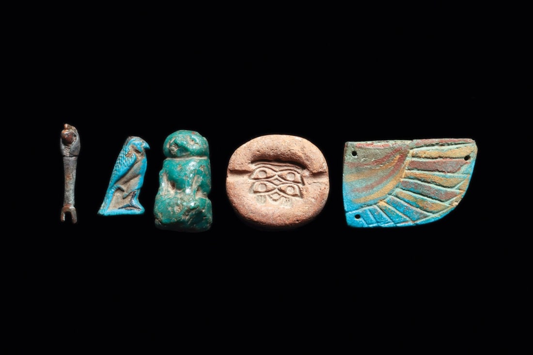 Egyptian Faience Amulet Group, Horus Hawk, Thoth Baboon & Winged Scarab Wing (5) (1 of 3)