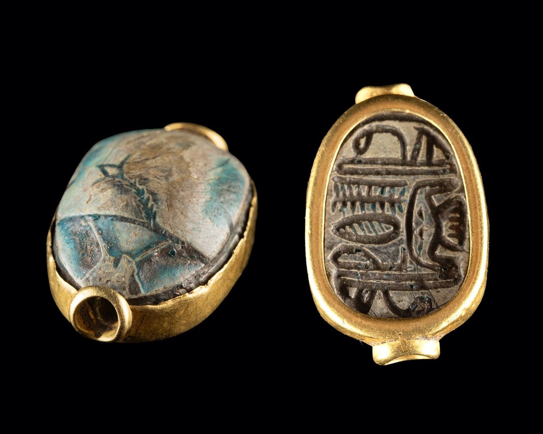 Egyptian Glazed Steatite Scarab in Gold Bezel, ex-Mitry (1 of 3)