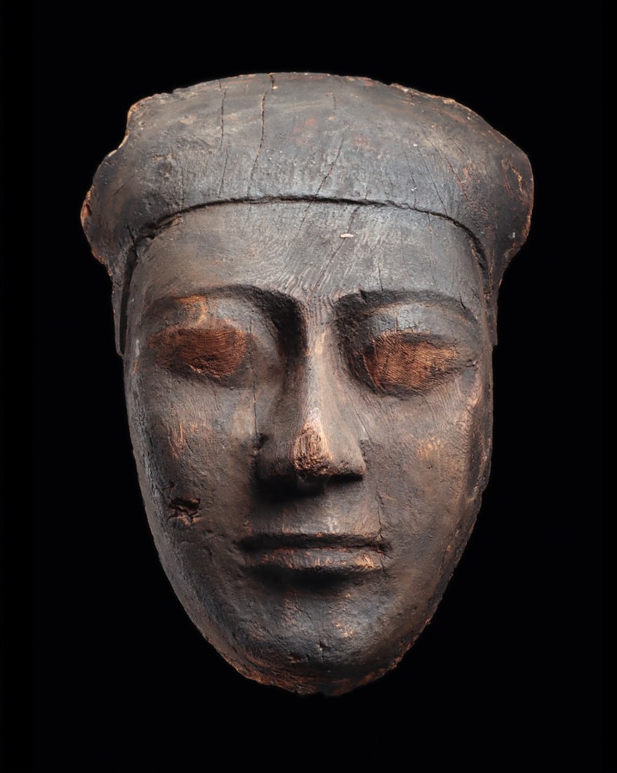 Egyptian Late Period Large Carved Wood Mummy Mask with Tripartite Wig (1 of 4)