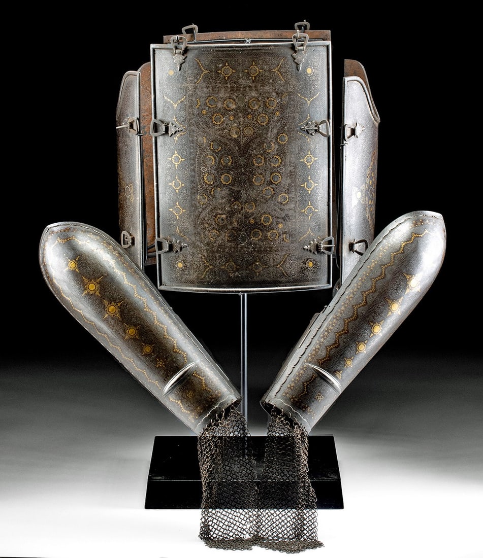 Indo-Persian Char-Aina Armor Set, Gilt Decoration: Ca. 1800–1900 CE. Central Asia, Persia/Northern India, Mughal or Indo-Persian culture, ca. 19th century CE. Iron chahar-ayneh (char-aina) cuirass armor with matching bazu (dastana) arm guards and or