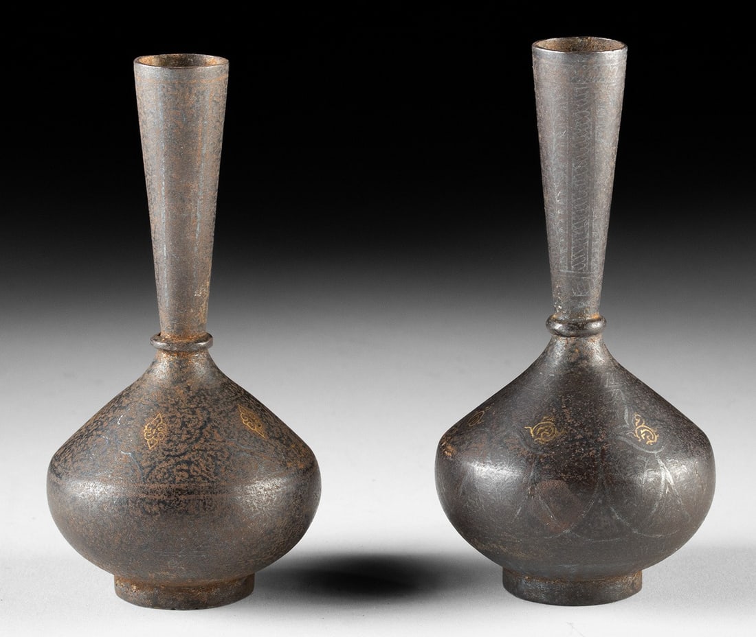 Pair Persian Koftgari Iron Bud Vases, Gold Damascened (1 of 2)