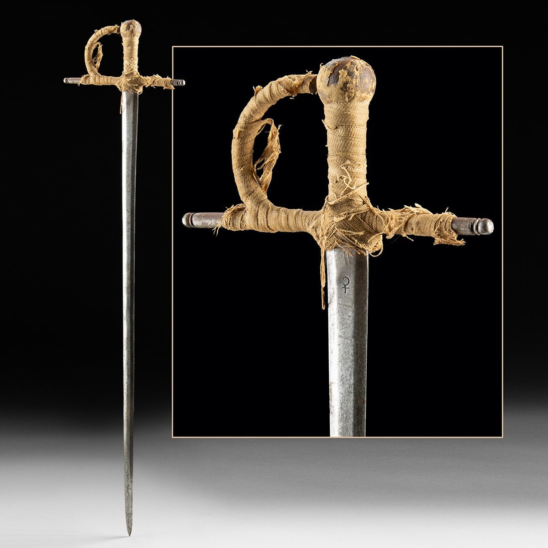 19th C. Spanish Matador's Sword, Estoque de Torero: Western Europe, Spain, ca. 1800–1899 CE. A matador's sword, or estoque de torero, forged for the culminating act of the corrida, the estocada. The slender iron blade, nearly a meter overall, tap