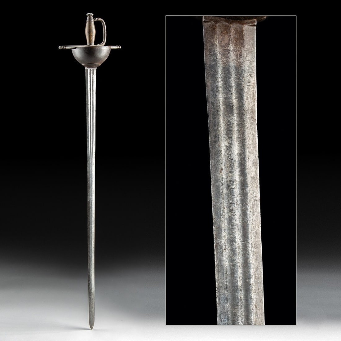 18th C. Spanish Cup-Hilt Rapier, Espada de Taza, Inscribed Blade: Iberia, Spanish or Spanish Colonial, ca. 1700–1799 CE. A cup-hilt rapier of the Spanish form known as the espada de taza, with a hemispherical iron bowl guard above a straight, fluted double-edg