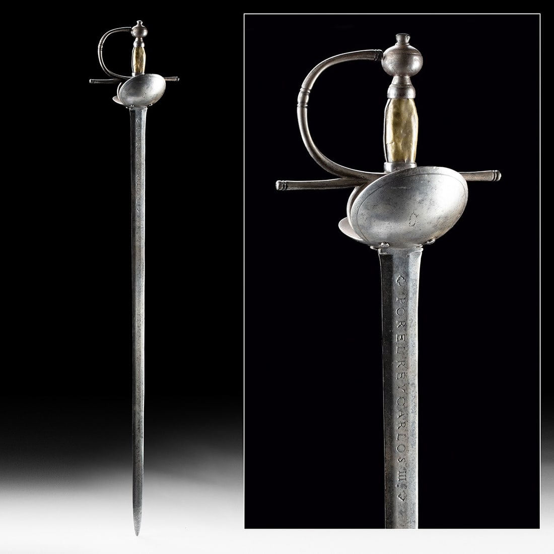 1776 Spanish Toledo Cavalry Sword, Carlos III, Real Fábrica: Western Europe, Spain, Toledo, reign of Carlos III, 1776 CE. A Toledo cavalry sword mounted primarily in steel, with a brass-faced grip, of a type regulation for troop cavalry furniture. The blade is 