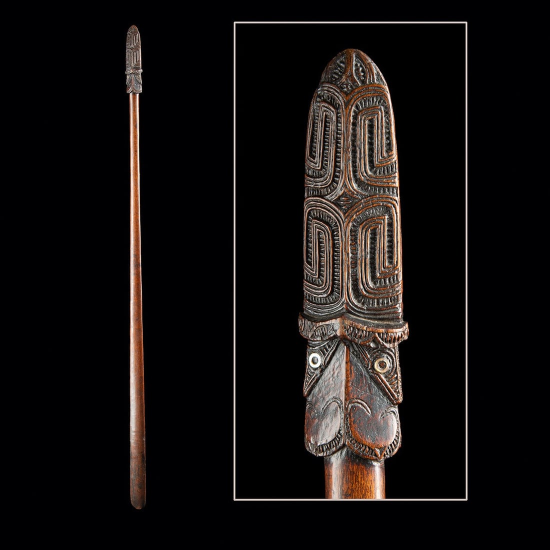 Maori Taiaha Fighting Staff (Taiaha), Koruru and Rauponga: Oceania, New Zealand, Maori culture, ca. 1800–1900 CE. A taiaha, a traditional fighting staff, with the upper section carved as the arero (tongue) with rāuponga surface pattern of interlock