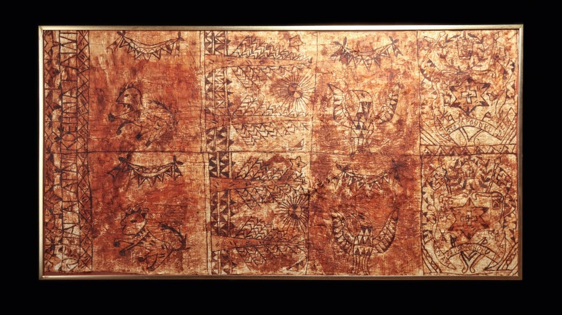 Tongan Ngatu Barkcloth with Lion, Star and Crown Motifs, 20th C.: Oceania, Polynesia, Tonga Islands, ca. 1900–1960 CE. A large panel of ngatu, barkcloth beaten from the inner bast of the paper mulberry and painted in vegetable dyes, its warm browns laid over a