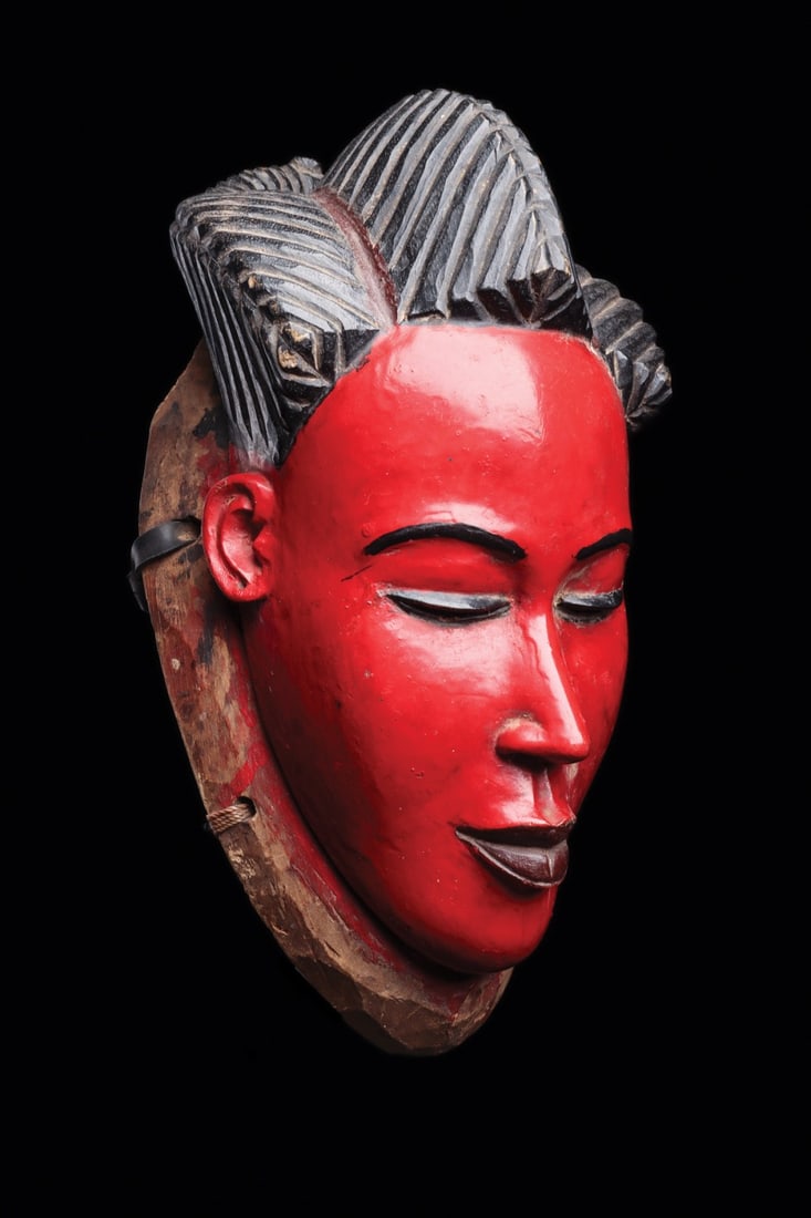 Guro Gu Mask, Red Painted Female Face with Tripartite Coiffure, Ivory Coast (1 of 4)