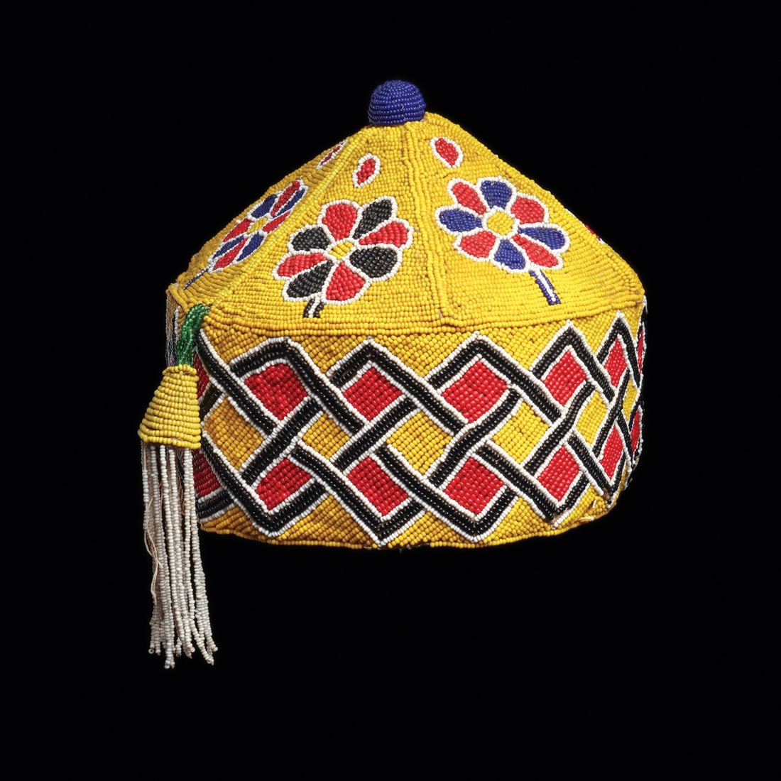 Yoruba Beaded Orikogbofo Crown with Floral Rosettes and Bead Tassel (1 of 5)
