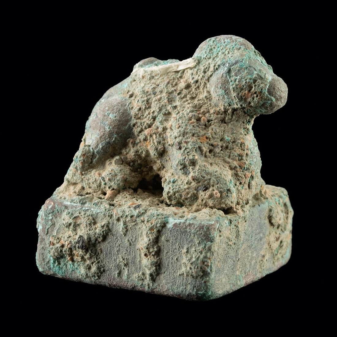 Han Dynasty Bronze Personal Seal (Yin), Ram Figure: East Asia, China, Han Dynasty, ca. 206 BCE – 220 CE. A personal seal cast in leaded bronze, with a square matrix surmounted by a zoomorphic handle in the form of a recumbent ram. The animal's le