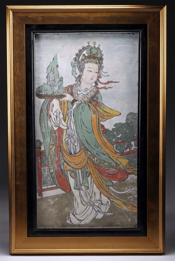 Song / Ming Dynasty Temple Wall Painting (XRF'd): Ca. 1200–1600 CE. China, Song to Ming Dynasty, ca. 13th to 16th century CE. Pigment on plaster. A fragment of a temple wall painting depicting a celestial female attendant walking along a balustrade