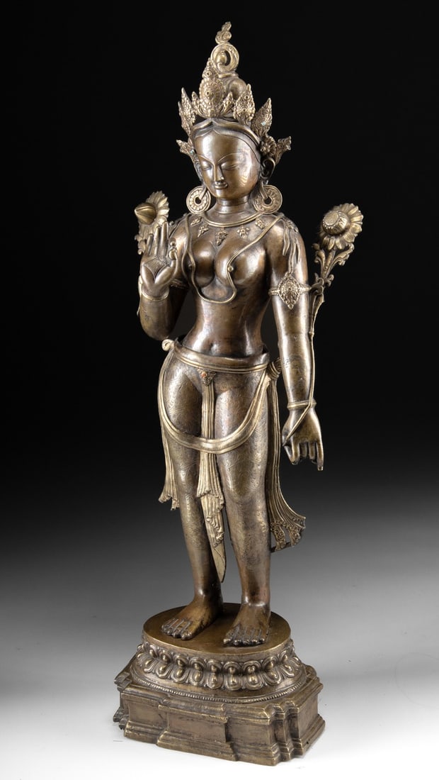 Nepalese Tibetan Brass White Tara Statue, Lotus Pedestal (1 of 4)