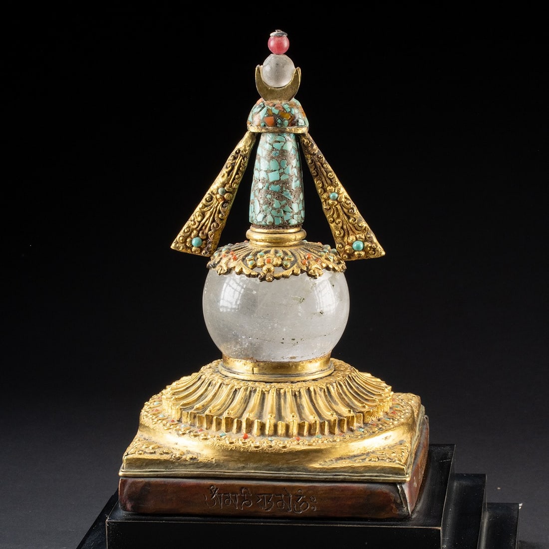 Tibetan Gilt Copper Chorten Reliquary, Turquoise and Coral (1 of 9)