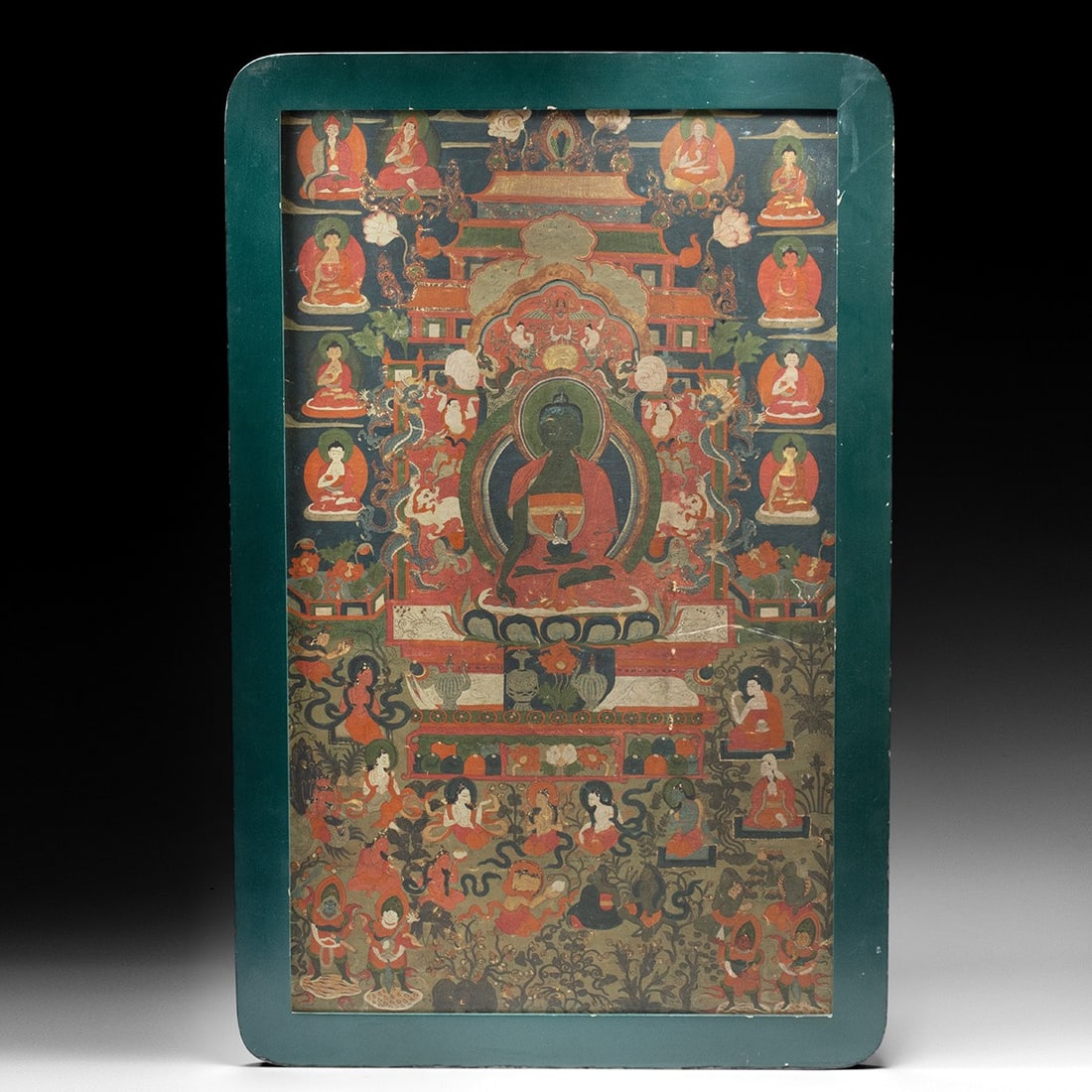 19th C. Tibetan Thangka of Bhaisajyaguru, Medicine Buddha: East Asia, Tibet, Buddhist tradition, ca. 1800–1880 CE. A thangka depicting a blue-hued Buddha seated in meditation on a lotus throne beneath a torana crowned by a temple pavilion. The right han