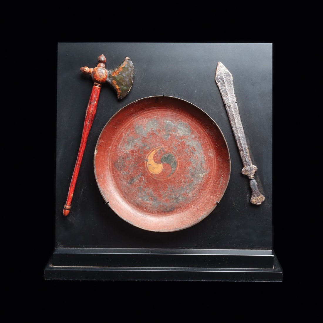 Tibetan or Nepalese Tantric Ritual Set, Sword, Axe and Yin-Yang Dish, 16th C. (1 of 4)