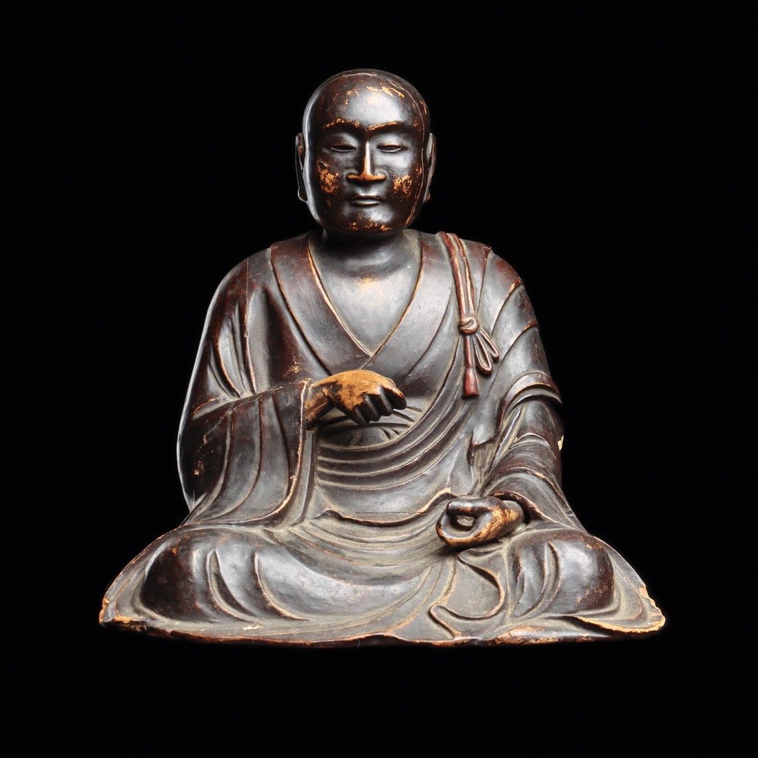 Japanese Lacquered Wood Seated Patriarch, Likely Ryumyo (Nagarjuna), 15th-18th C. (1 of 7)