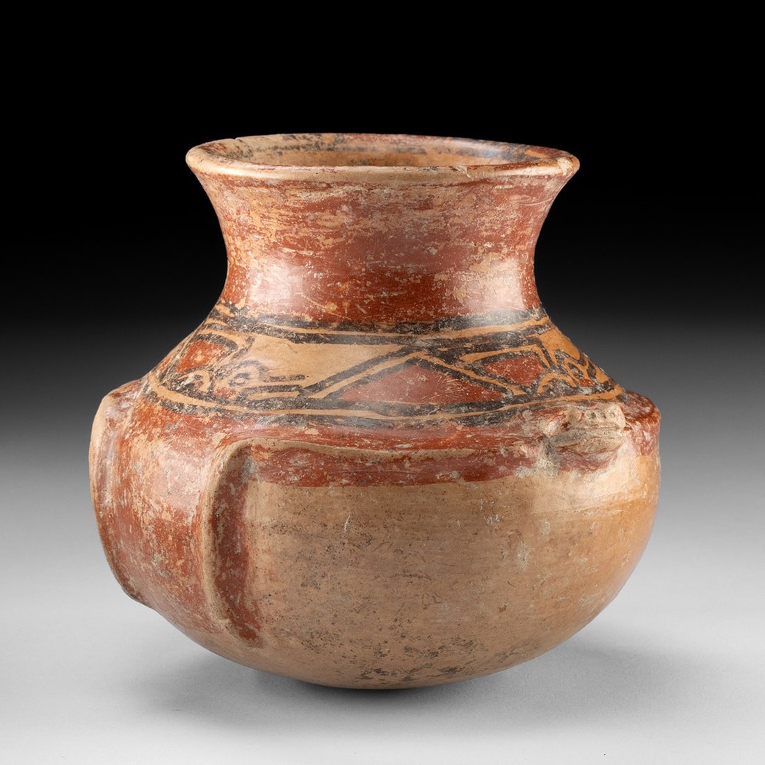 Nicoya Polychrome Turtle Effigy Jar - Zoomorphic Band: Pre-Columbian, Costa Rica, Nicoya, ca. 800–1350 CE. A globular earthenware jar transformed into a turtle by the modeler's hand, its flaring collar rising from a rounded body girdled with red sli