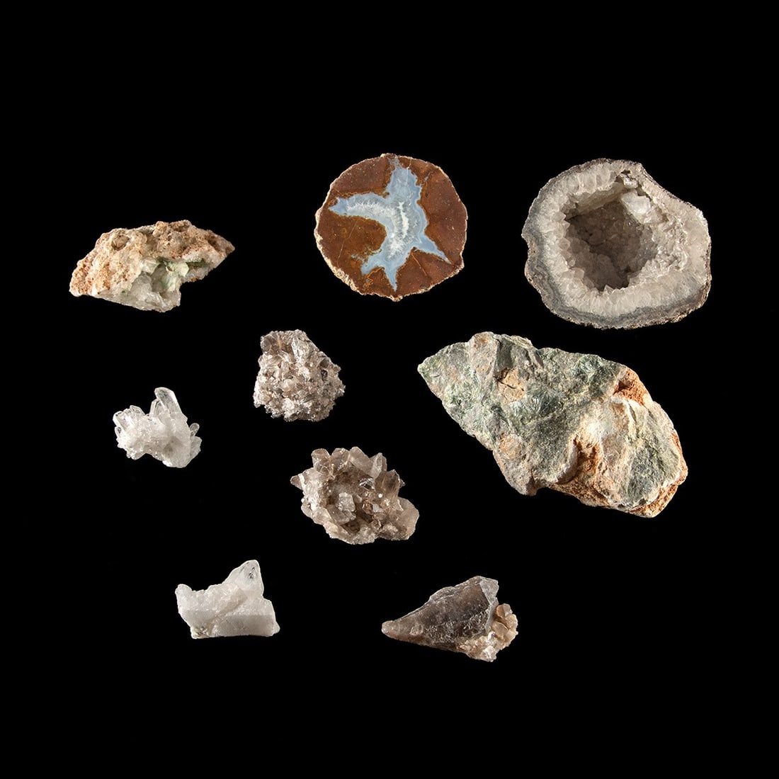 Quartz Crystal Cluster, Smoky Quartz and Geode Mineral Specimen Group, 9 Pieces (1 of 1)