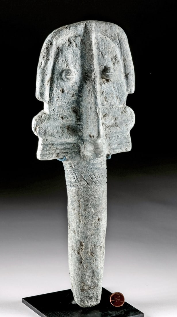Large Bura Asinda Sikka Stone Funerary Idol: Ca. 1300–1500 CE. West Africa, present day Niger and Burkina Faso, Bura-Asinda-Sikka area, ca. 1300 to 1500 CE. A hand-carved stone funerary idol with a columnar body, wide lateral projections, 