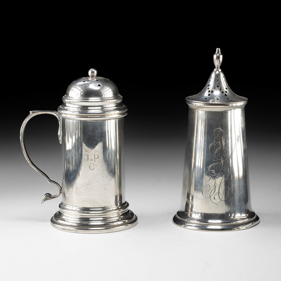 Pair of American Sterling Silver Muffineers, Meriden Whiting: North America, United States, Connecticut, Meriden, Meriden Britannia Company; Massachusetts, Attleboro, Frank M. Whiting &, ca. 1852–1940 CE. A pair of American sterling silver muffineers, each