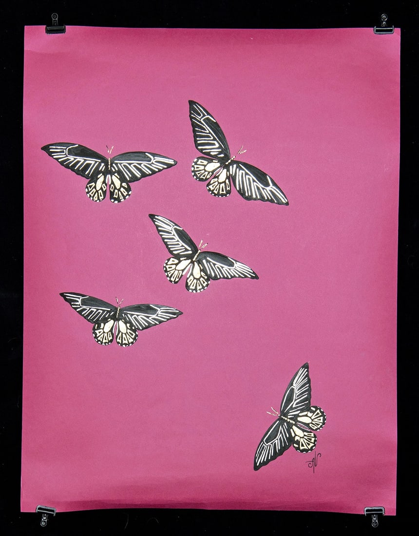 Alena Vavilina Mixed Media "Butterflies Series #8": Ca. 2019–2021 CE. Alena Vavilina (b. Russia, b. 1986). Butterflies Series: #8. Mixed media: gold leaf. Silver leaf, and watercolor on paper, n.d. Signed "AV" at lower right. A dazzling compositi