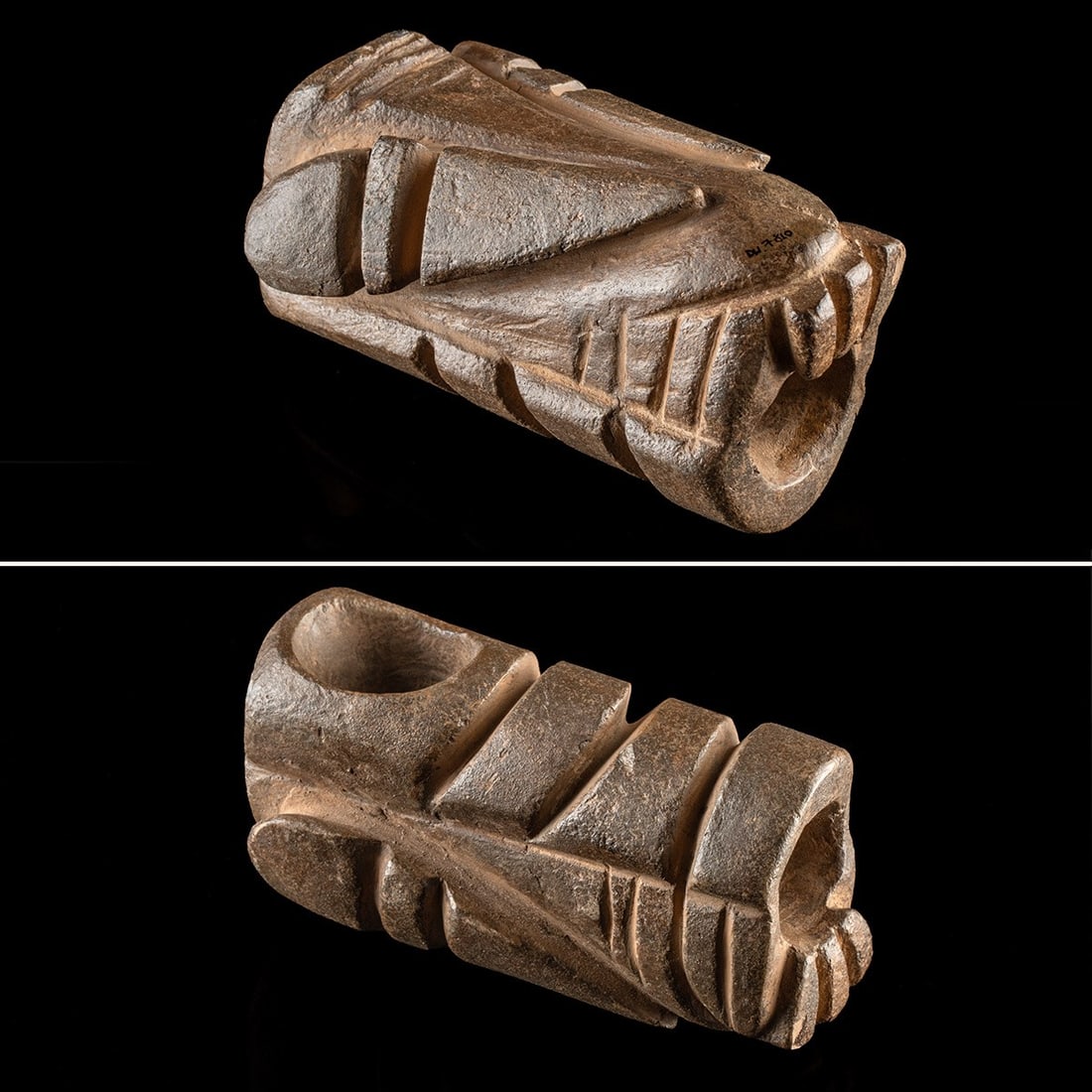 Mississippian Stone Effigy Pipe | Bird or Insect Form: Native American, Mississippian culture, ca. 1000–1500 CE. A compact effigy pipe carved from dense stone, the rounded body worked into a stylized creature form suggesting either a bird at rest or