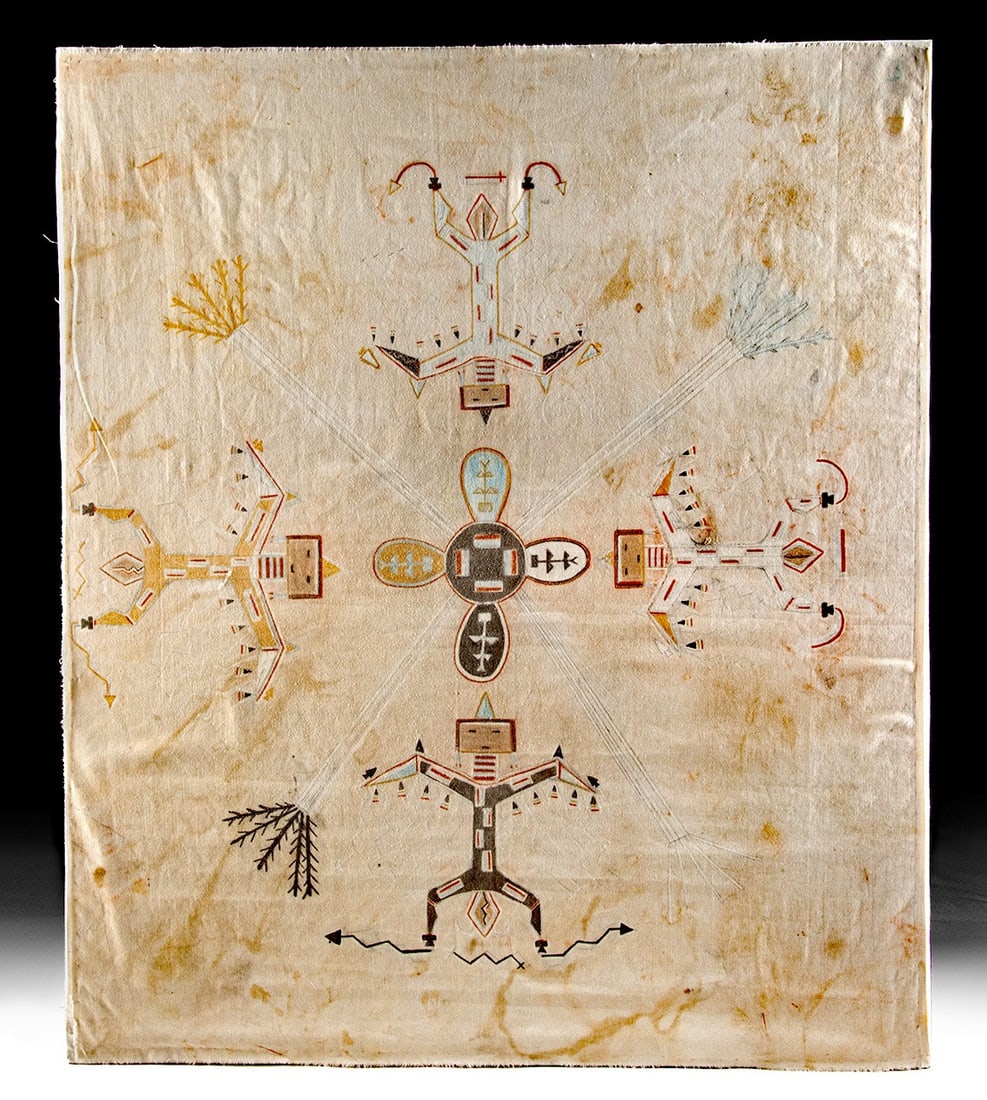 Navajo Sandpainting Design Print on Muslin, Thunderbirds & Corn: Native American, Southwest, New Mexico, Navajo, ca. 1933–1966 CE. A lovely muslin cloth print representing a Navajo sandpainting motif. The fine example features four thunderbirds surrounding a 