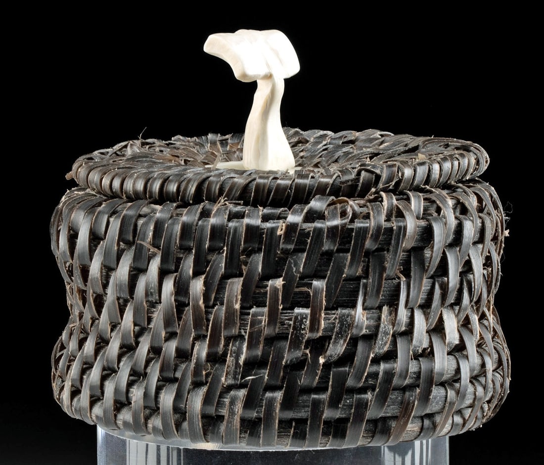 Alaskan Inupiaq Whale Baleen Basket w/ Walrus Ivory (1 of 5)