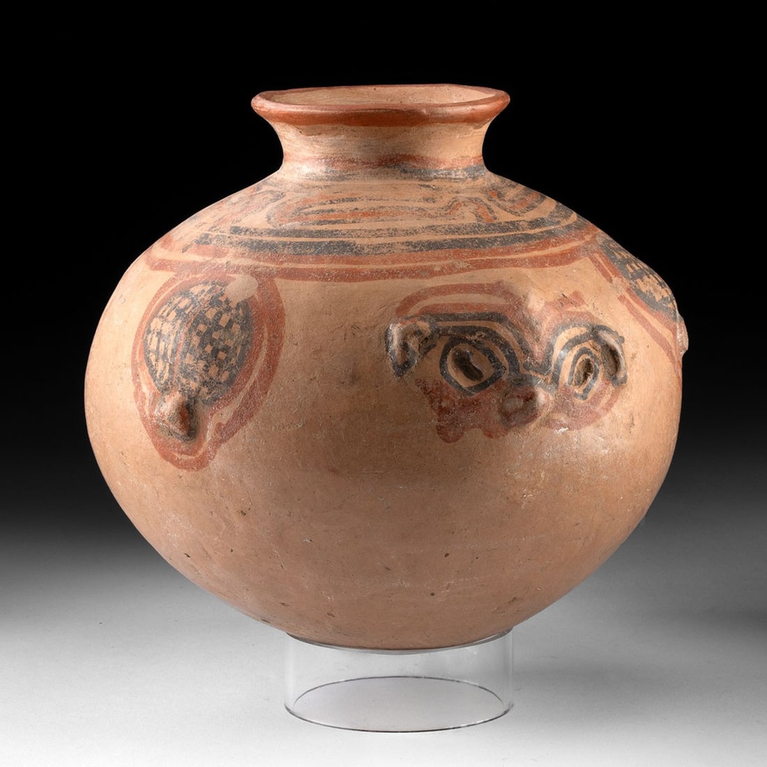 Costa Rican Nicoya Polychrome Jar w/ Owl Face: Ca. 500–1200 CE. Pre-Columbian, Costa Rica, Nicoya Peninsula, Greater Nicoya zone, ca. 500 to 1200 CE. A globular Nicoya polychrome jar whose buff-slipped body is encircled at the shoulder by a 