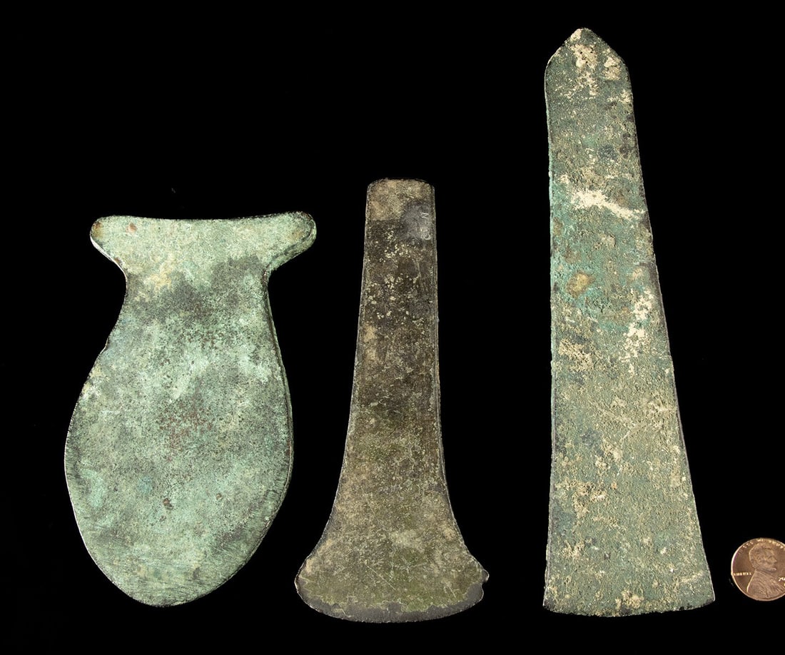 Group of 3 Chimu & Mixtec Copper Tools: Ca. 1100–1470 CE. Pre-Columbian, Peru, Chimu, ca. 1100 to 1470 CE; Valley of Mexico, Mixtec people, ca. 1200 to 1500 CE. A set of 3 copper tools from ancient Mesoamerica. First is a Chimu copper