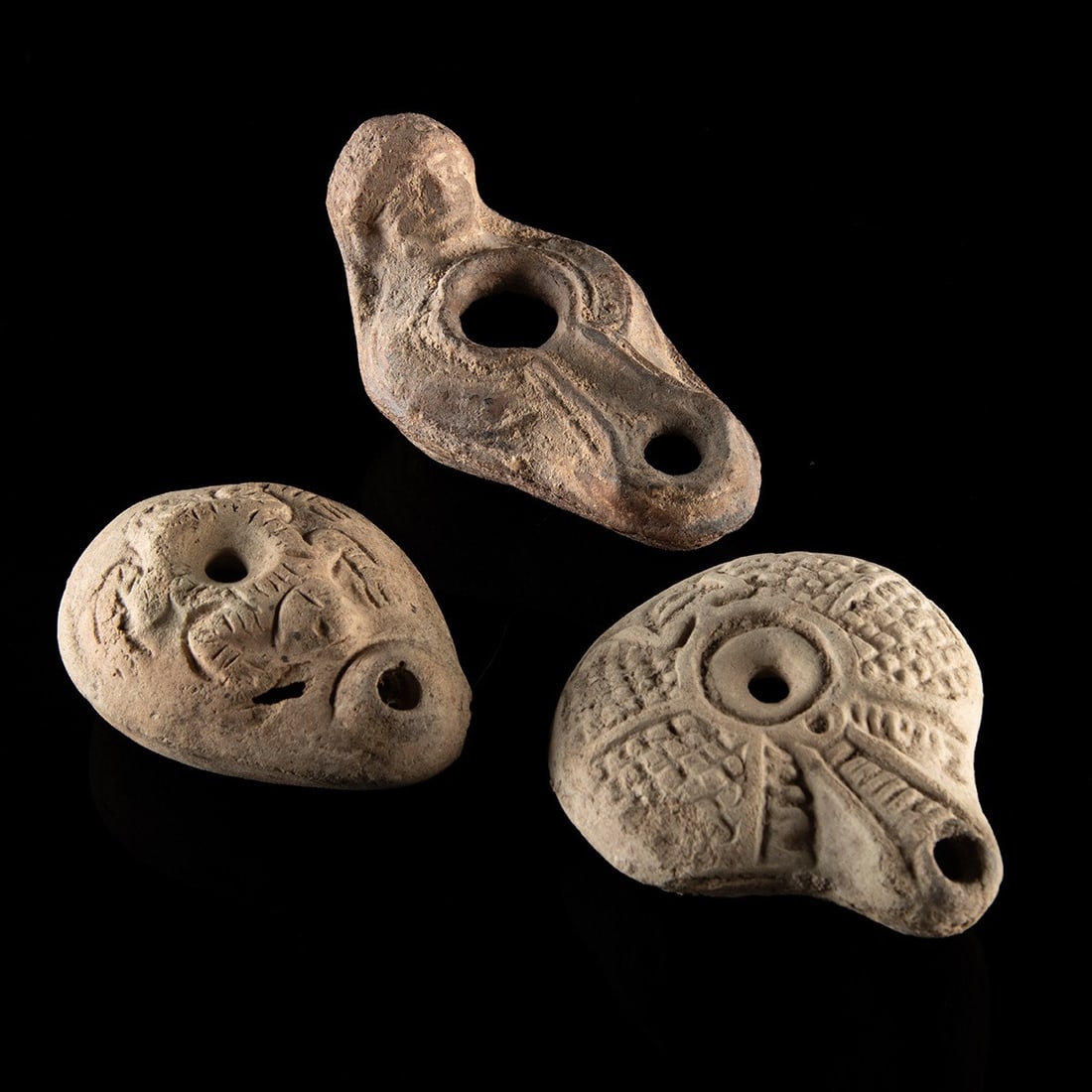 3 Romano-Egyptian Pottery Oil Lamps - Frog Motif & Human-Head Handle (1 of 2)