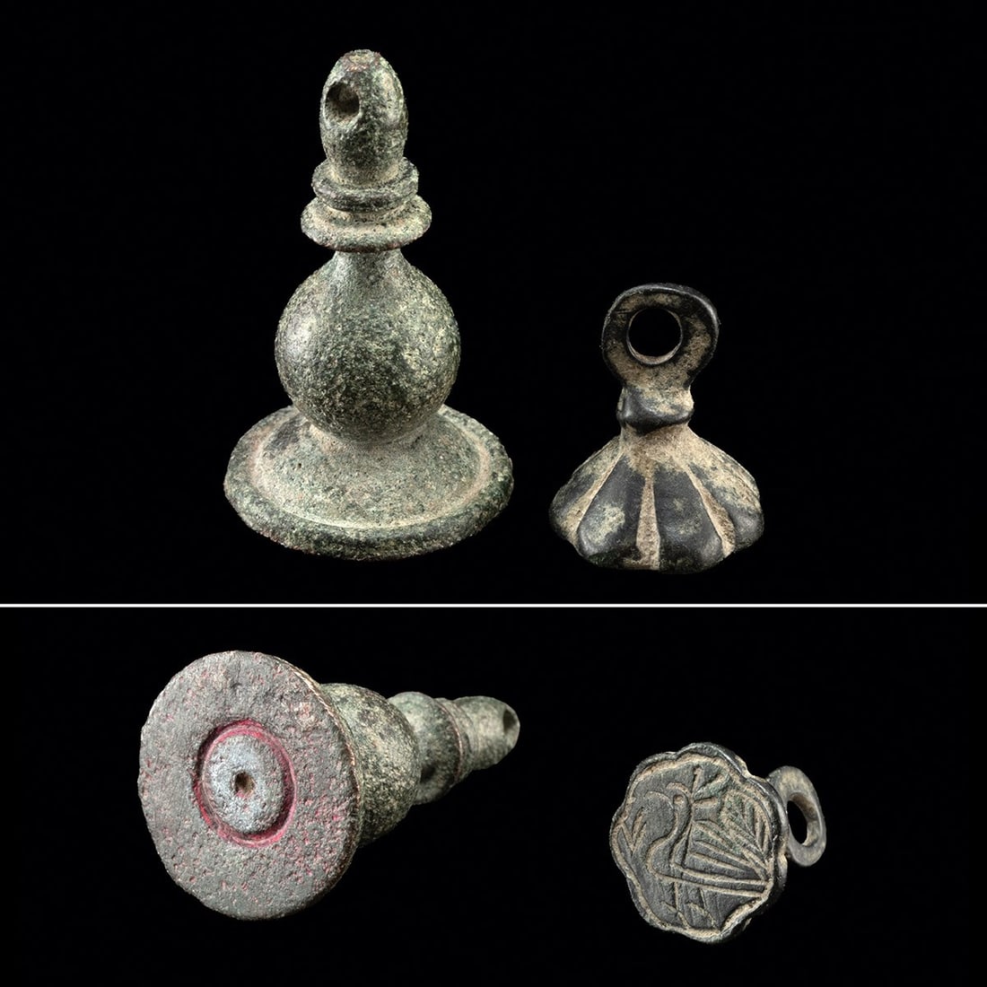 Byzantine-Medieval Stamp Seal Pair, Bird & Concentric Circle Faces: Near East, Byzantine to Medieval era, ca. 800 BCE – 1400 CE. A pair of cast bronze stamp seals. The first is of lobed, ribbed form with a short pierced loop handle, the circular face engraved wi